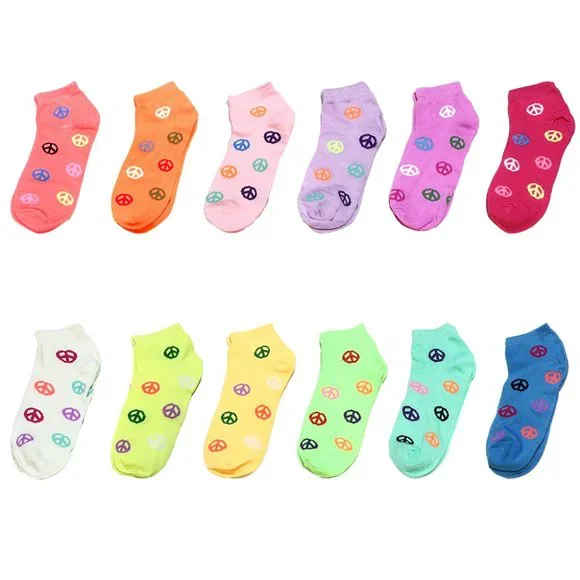 - 12 Pairs Assorted Colors Women's Ankle Socks Size 9-11 Peace Sign - Picture 4 of 6